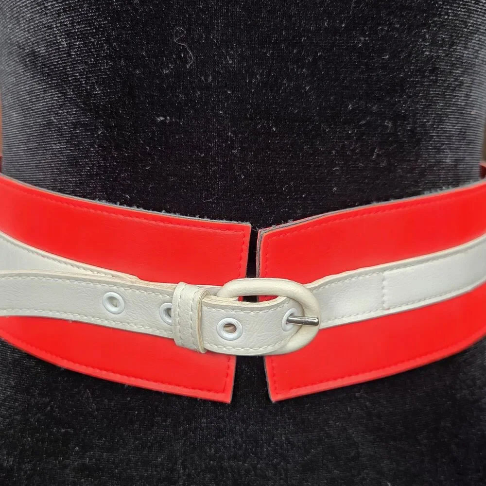 Belt Womens Size 10 Red White Colorblock Wide Waist Faux Leather Buckle Retro